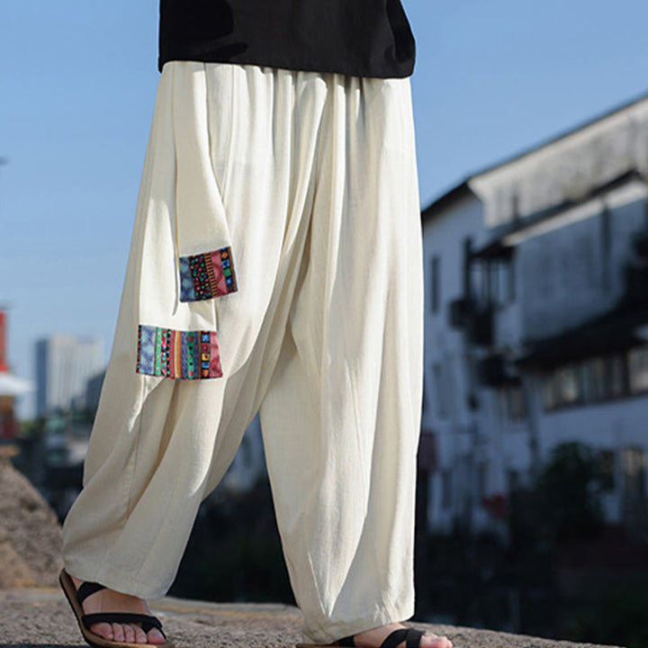 Pantalon large en coton doux avec cordon de serrage et poches pour homme, motif patchwork simple et Buddha Stones