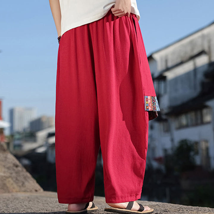 Pantalon large en coton doux avec cordon de serrage et poches pour homme, motif patchwork simple et Buddha Stones