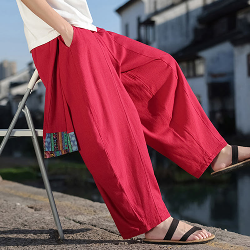 Pantalon large en coton doux avec cordon de serrage et poches pour homme, motif patchwork simple et Buddha Stones