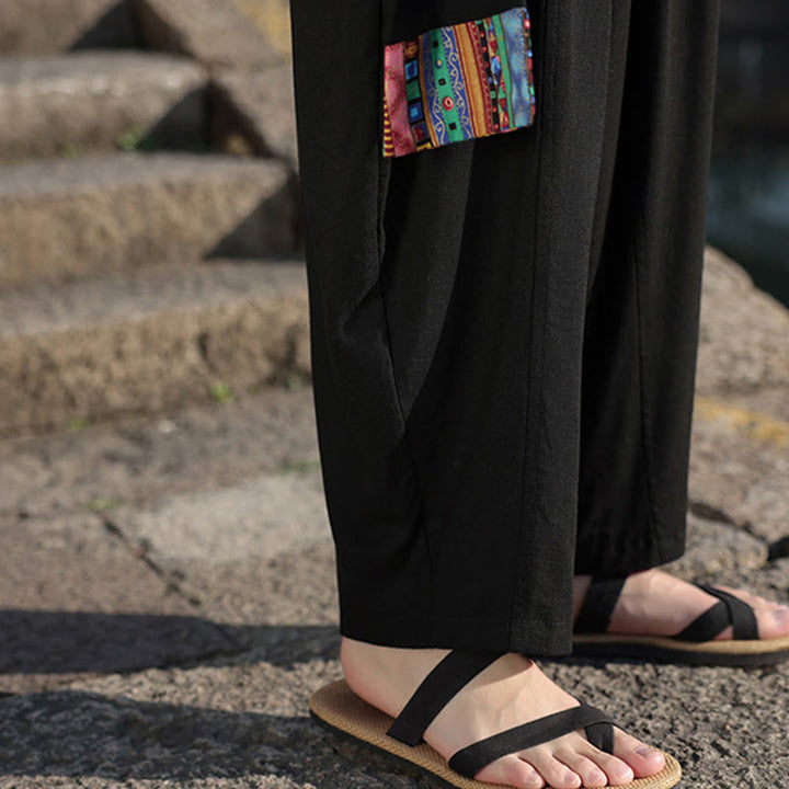 Pantalon large en coton doux avec cordon de serrage et poches pour homme, motif patchwork simple et Buddha Stones