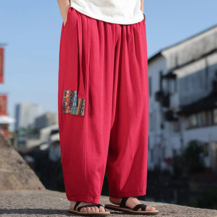 Pantalon large en coton doux avec cordon de serrage et poches pour homme, motif patchwork simple et Buddha Stones