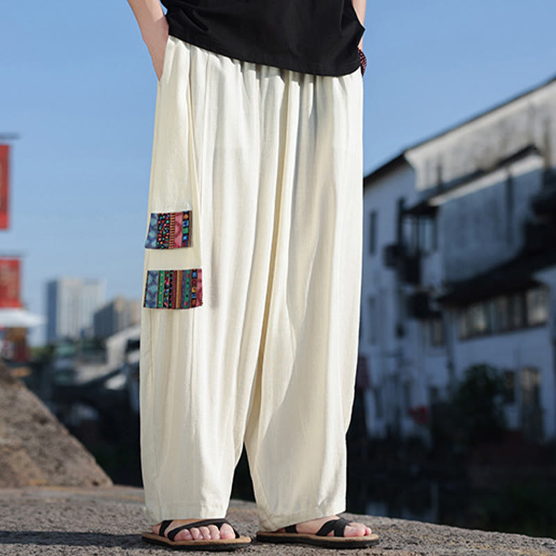 Pantalon large en coton doux avec cordon de serrage et poches pour homme, motif patchwork simple et Buddha Stones