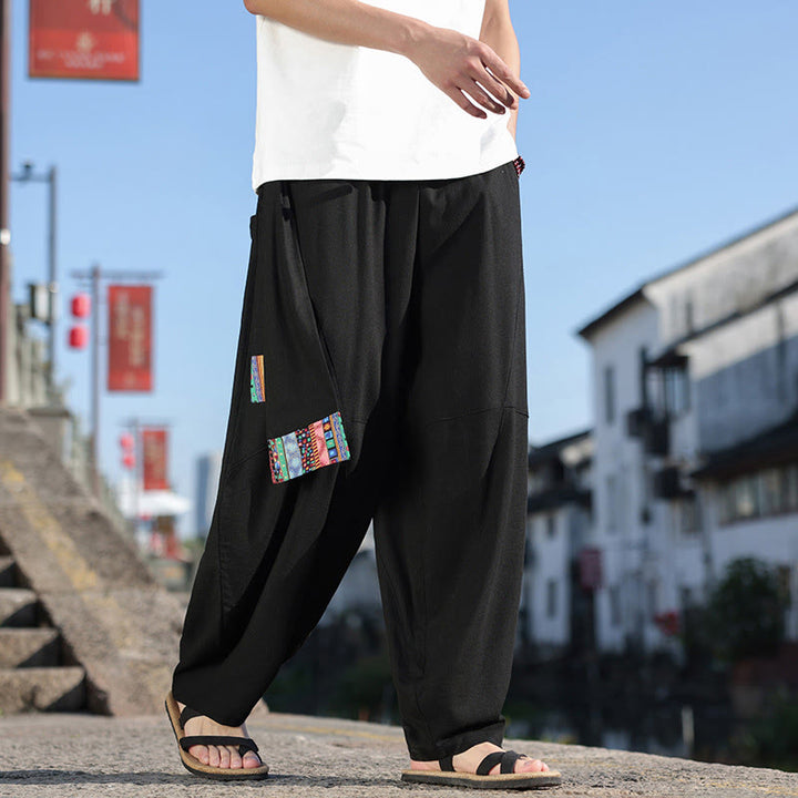 Pantalon large en coton doux avec cordon de serrage et poches pour homme, motif patchwork simple et Buddha Stones