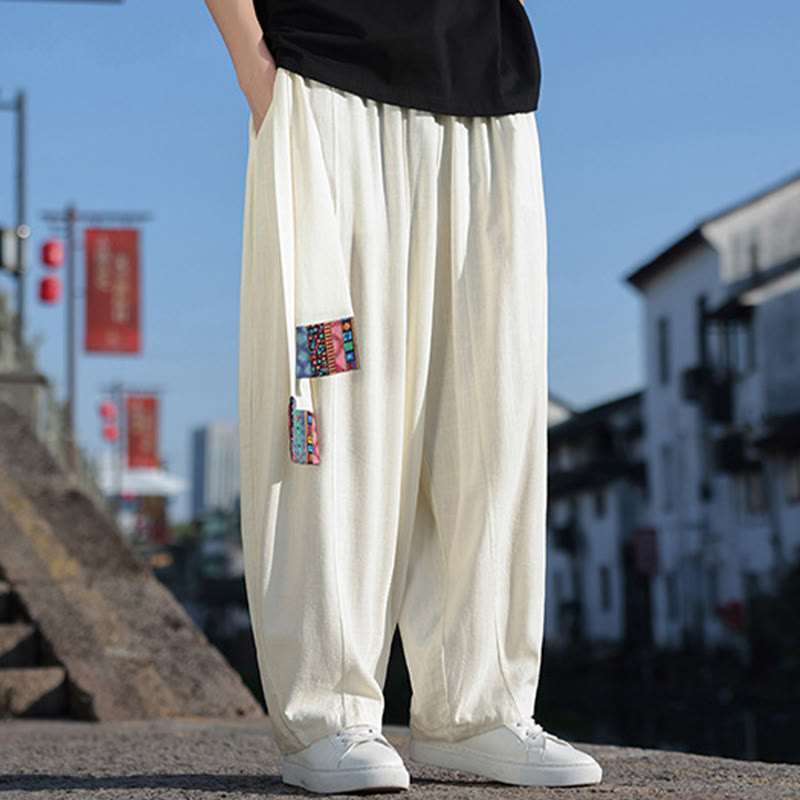 Pantalon large en coton doux avec cordon de serrage et poches pour homme, motif patchwork simple et Buddha Stones