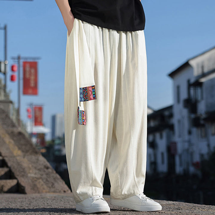 Pantalon large en coton doux avec cordon de serrage et poches pour homme, motif patchwork simple et Buddha Stones