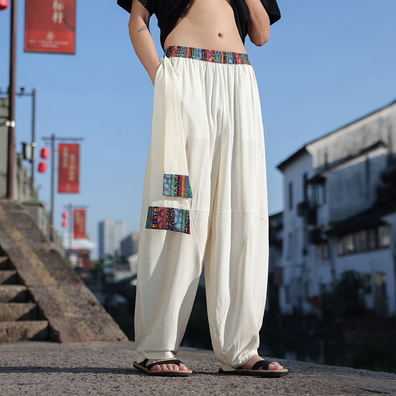 Pantalon large en coton doux avec cordon de serrage et poches pour homme, motif patchwork simple et Buddha Stones