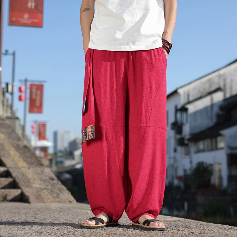 Pantalon large en coton doux avec cordon de serrage et poches pour homme, motif patchwork simple et Buddha Stones
