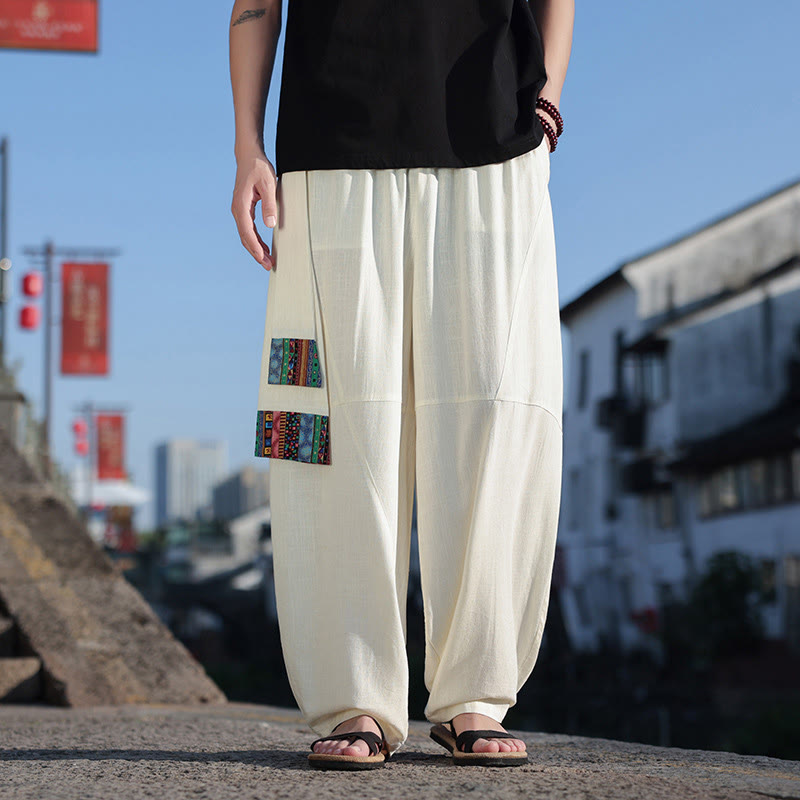 Pantalon large en coton doux avec cordon de serrage et poches pour homme, motif patchwork simple et Buddha Stones - Beige - US/UK/AU46，EU56 (5XL) - image 0