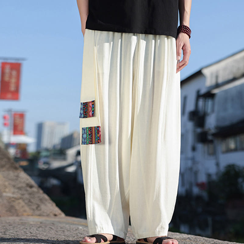 Pantalon large en coton doux avec cordon de serrage et poches pour homme, motif patchwork simple et Buddha Stones