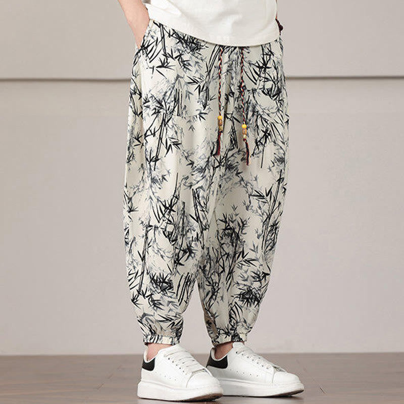 Sarouel pour homme avec cordon de serrage et poches, motif feuilles de bambou et Buddha Stones