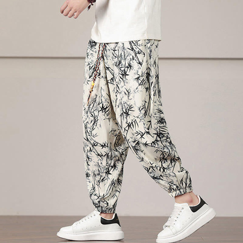 Sarouel pour homme avec cordon de serrage et poches, motif feuilles de bambou et Buddha Stones