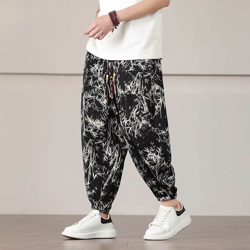 Sarouel pour homme avec cordon de serrage et poches, motif feuilles de bambou et Buddha Stones