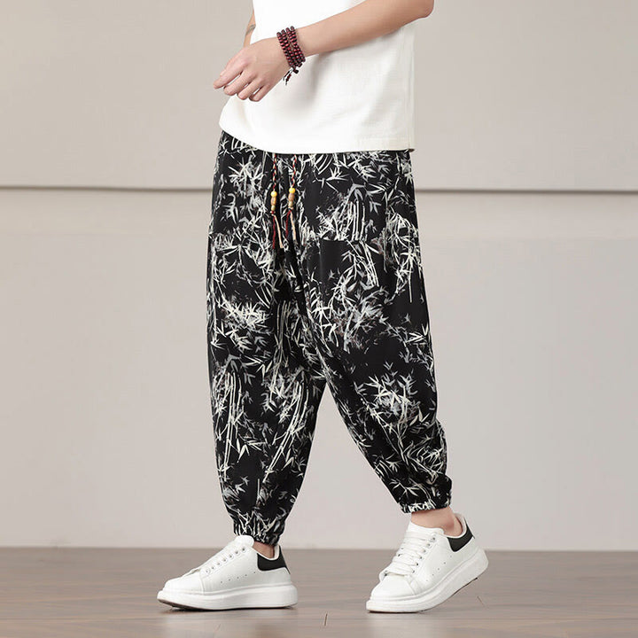 Sarouel pour homme avec cordon de serrage et poches, motif feuilles de bambou et Buddha Stones
