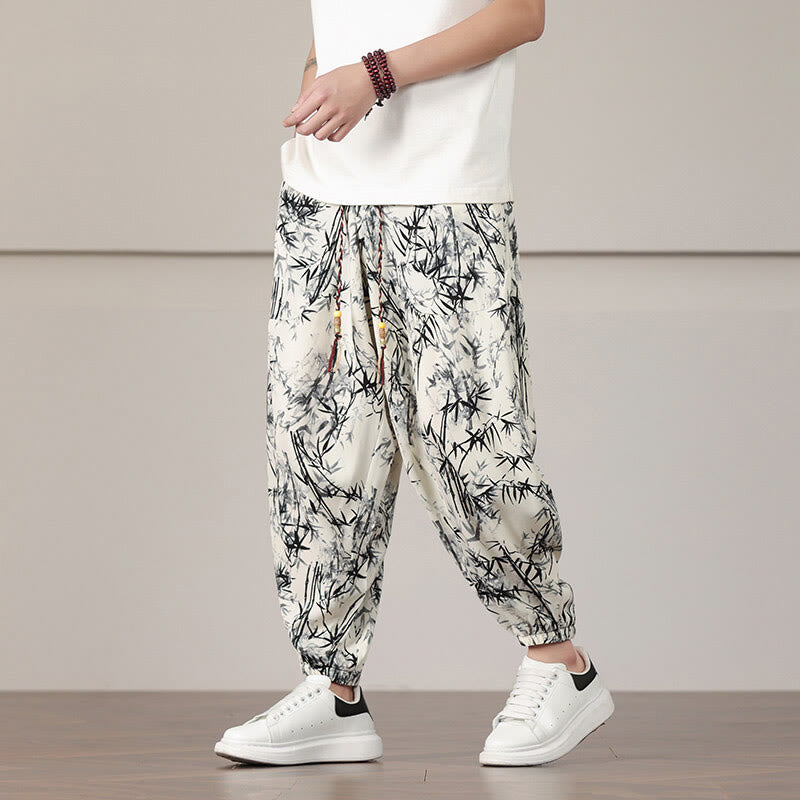 Sarouel pour homme avec cordon de serrage et poches, motif feuilles de bambou et Buddha Stones