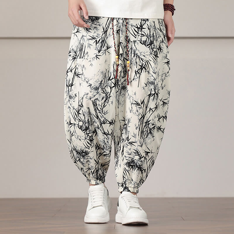 Sarouel pour homme avec cordon de serrage et poches, motif feuilles de bambou et Buddha Stones - Beige - US/UK/AU46，EU56 (5XL) - image 0