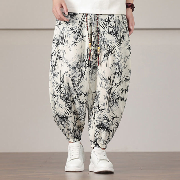 Sarouel pour homme avec cordon de serrage et poches, motif feuilles de bambou et Buddha Stones - Beige - US/UK/AU46，EU56 (5XL) - image 0