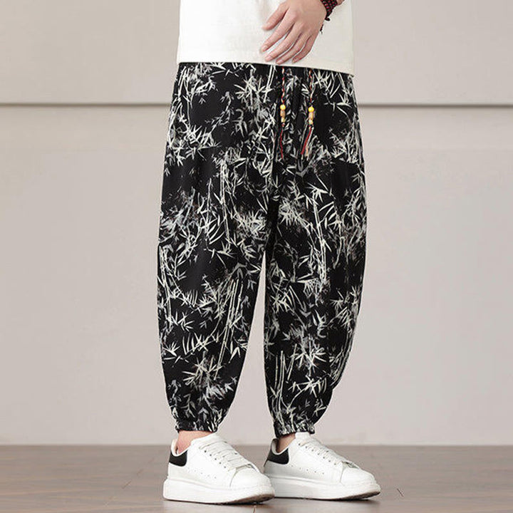 Sarouel pour homme avec cordon de serrage et poches, motif feuilles de bambou et Buddha Stones