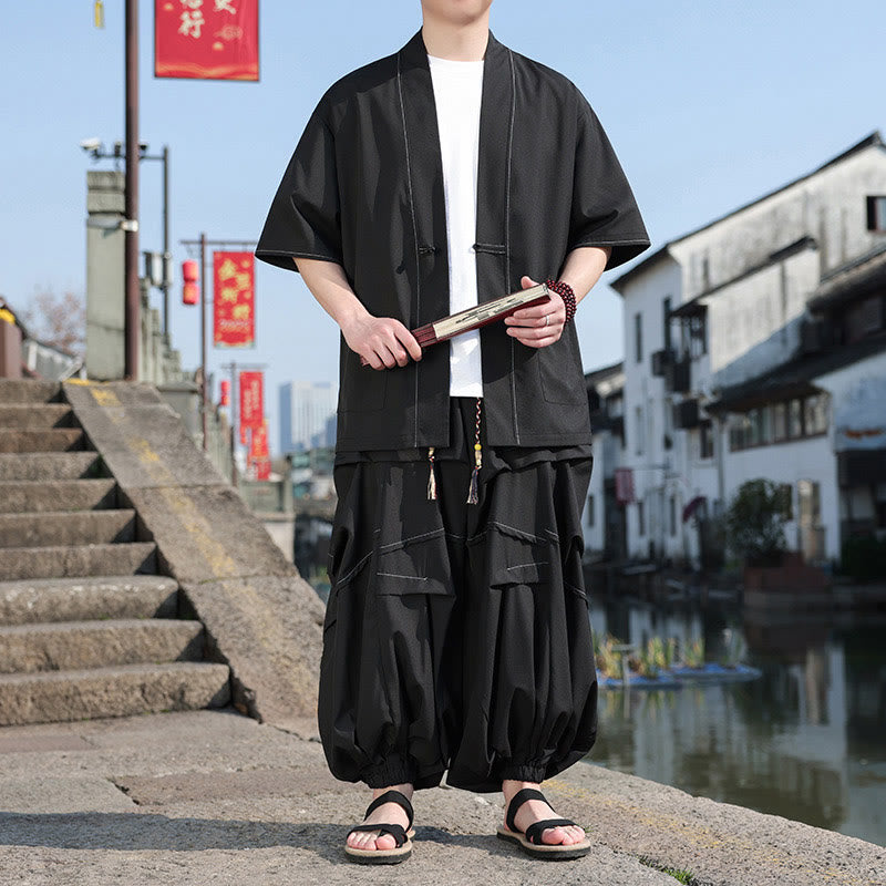 Buddha Stones Lot de 2 kimonos noirs en coton pour homme avec boutons grenouille et cordon de serrage, pantalon large avec poches - image 4