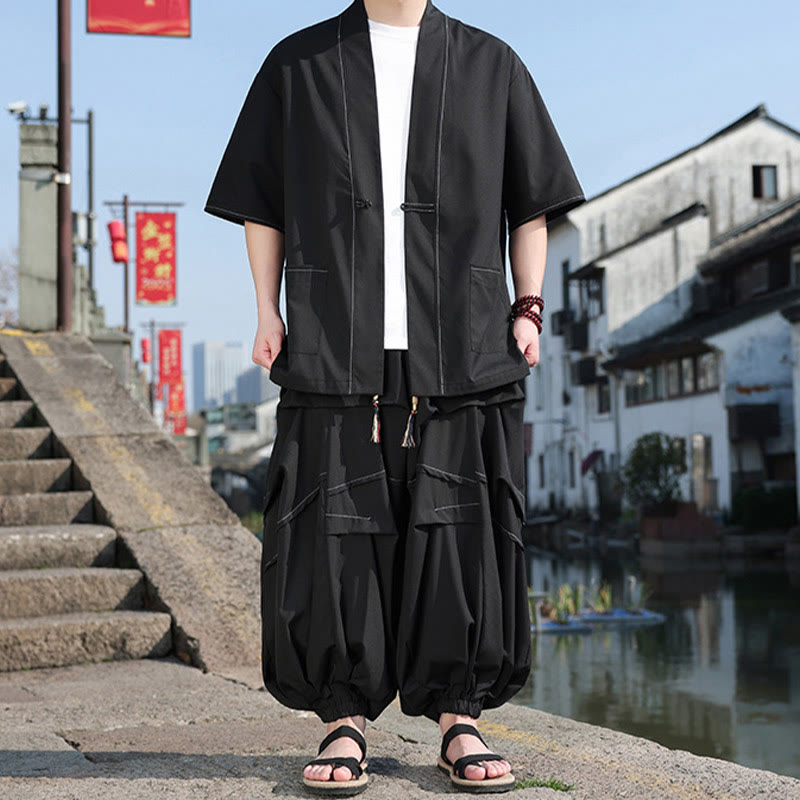 Buddha Stones Lot de 2 kimonos noirs en coton pour homme avec boutons grenouille et cordon de serrage, pantalon large avec poches - Noir - US/UK/AU46，EU56 (5XL) - image 0