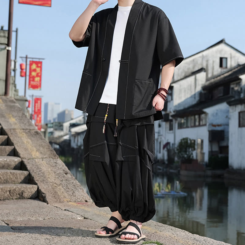 Buddha Stones Lot de 2 kimonos noirs en coton pour homme avec boutons grenouille et cordon de serrage, pantalon large avec poches - image 1