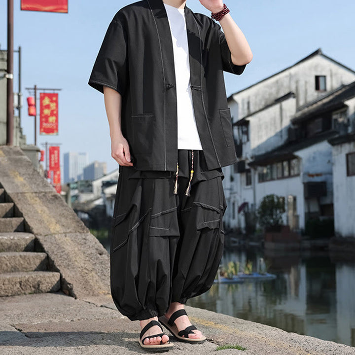 Buddha Stones Lot de 2 kimonos noirs en coton pour homme avec boutons grenouille et cordon de serrage, pantalon large avec poches - image 2
