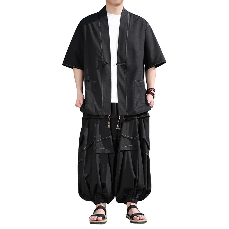 Buddha Stones Lot de 2 kimonos noirs en coton pour homme avec boutons grenouille et cordon de serrage, pantalon large avec poches - image 5