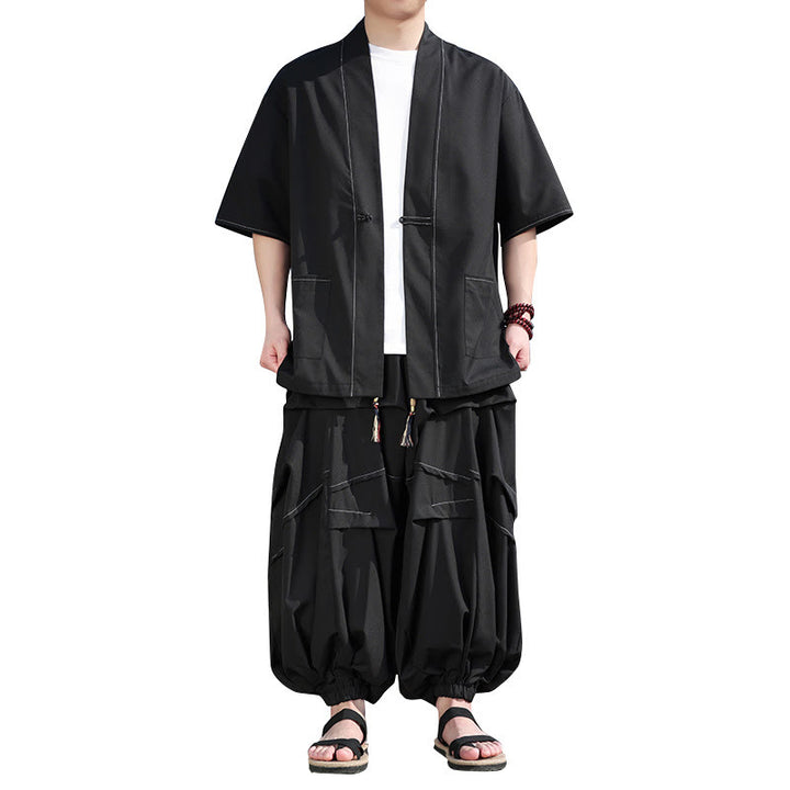 Buddha Stones Lot de 2 kimonos noirs en coton pour homme avec boutons grenouille et cordon de serrage, pantalon large avec poches - image 5