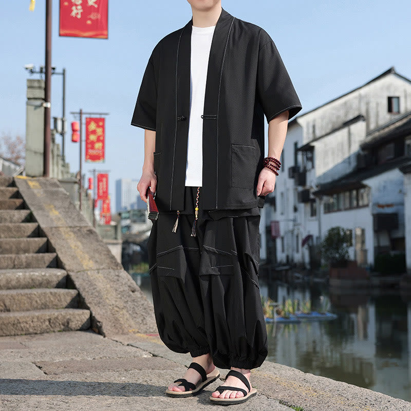Buddha Stones Lot de 2 kimonos noirs en coton pour homme avec boutons grenouille et cordon de serrage, pantalon large avec poches - image 3