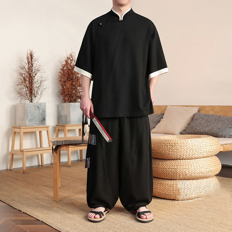 Ensemble 2 pièces chemise chinoise à boutons de grenouille pour homme, pantalon large et tissu de méditation, motif Buddha Stones - image 4