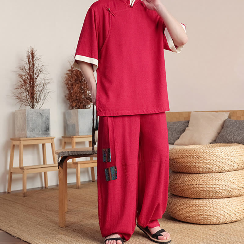 Ensemble 2 pièces chemise chinoise à boutons de grenouille pour homme, pantalon large et tissu de méditation, motif Buddha Stones - image 7