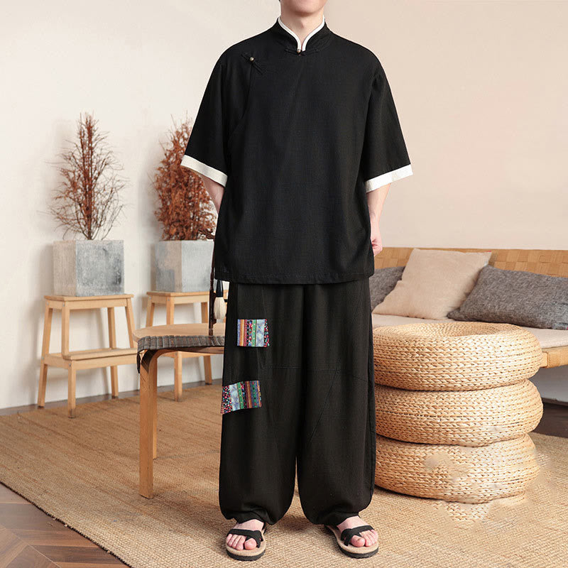Ensemble 2 pièces chemise chinoise à boutons de grenouille pour homme, pantalon large et tissu de méditation, motif Buddha Stones - Noir - US/UK/AU46，EU56 (5XL) - image 0