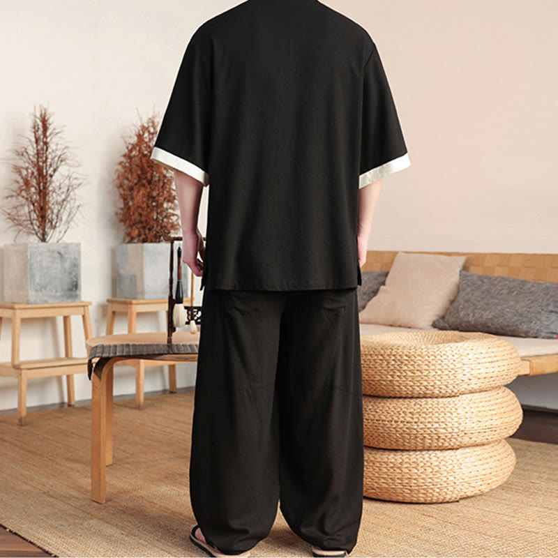 Ensemble 2 pièces chemise chinoise à boutons de grenouille pour homme, pantalon large et tissu de méditation, motif Buddha Stones - image 2