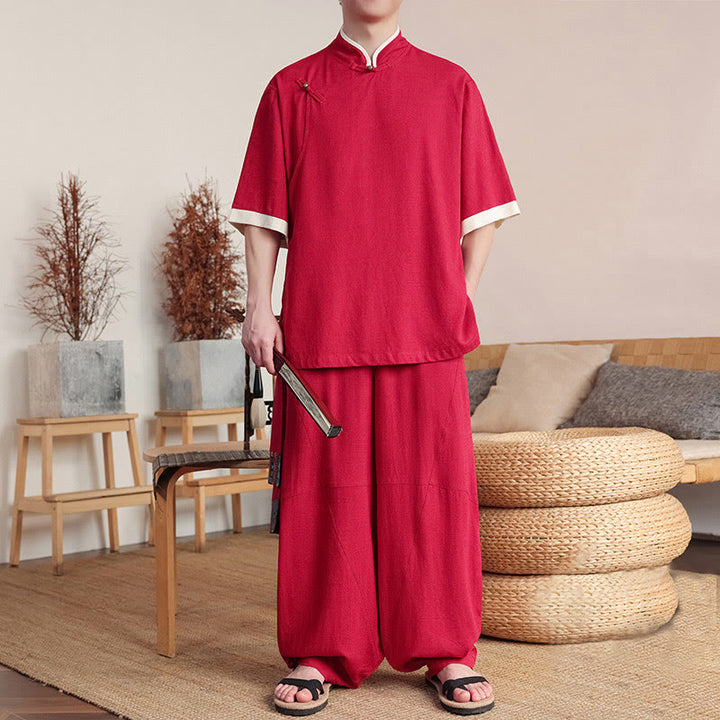 Ensemble 2 pièces chemise chinoise à boutons de grenouille pour homme, pantalon large et tissu de méditation, motif Buddha Stones - image 8