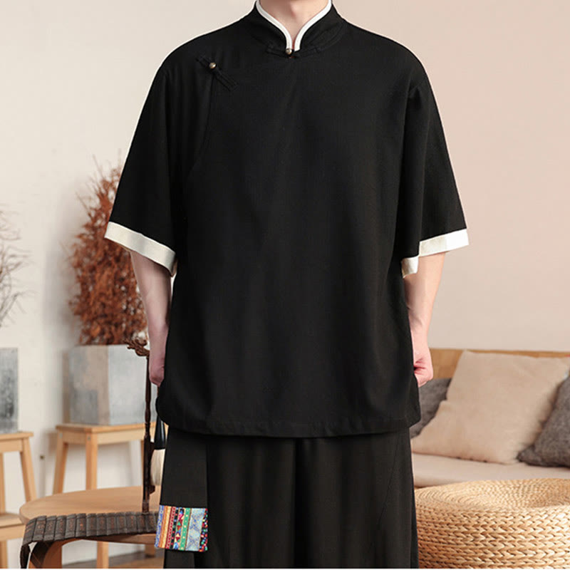 Ensemble 2 pièces chemise chinoise à boutons de grenouille pour homme, pantalon large et tissu de méditation, motif Buddha Stones - image 3