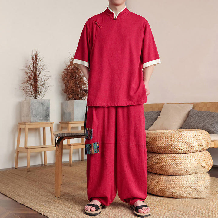 Ensemble 2 pièces chemise chinoise à boutons de grenouille pour homme, pantalon large et tissu de méditation, motif Buddha Stones - Cramoisi - US/UK/AU46，EU56 (5XL) - image 6