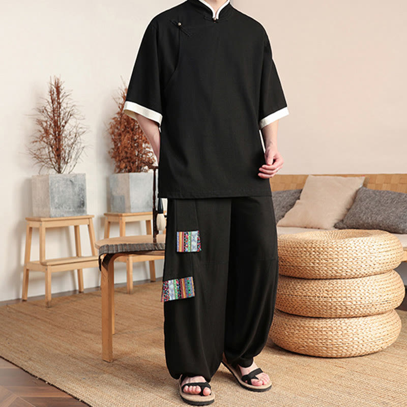 Ensemble 2 pièces chemise chinoise à boutons de grenouille pour homme, pantalon large et tissu de méditation, motif Buddha Stones - image 1