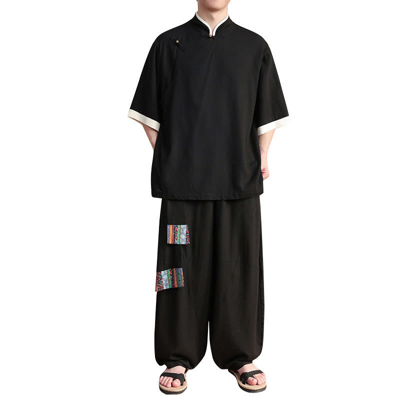 Ensemble 2 pièces chemise chinoise à boutons de grenouille pour homme, pantalon large et tissu de méditation, motif Buddha Stones - image 5