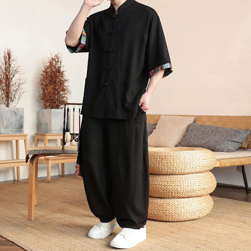 Ensemble 2 pièces en patchwork de Buddha Stones , chemise chinoise à boutons et pantalon large, tissu de méditation pour homme avec poches - image 15