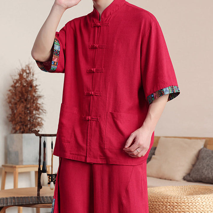 Ensemble 2 pièces en patchwork de Buddha Stones , chemise chinoise à boutons et pantalon large, tissu de méditation pour homme avec poches - image 26