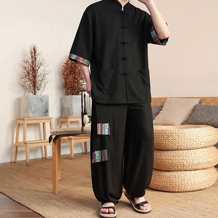 Ensemble 2 pièces en patchwork de Buddha Stones , chemise chinoise à boutons et pantalon large, tissu de méditation pour homme avec poches - image 11