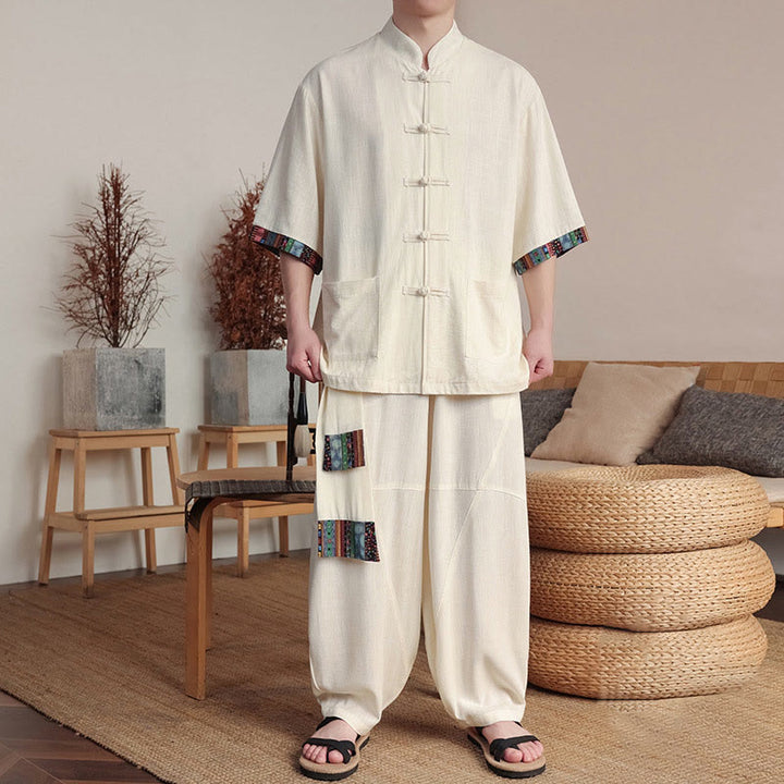 Ensemble 2 pièces en patchwork de Buddha Stones , chemise chinoise à boutons et pantalon large, tissu de méditation pour homme avec poches - Beige - US/UK/AU46，EU56 (5XL) - image 0