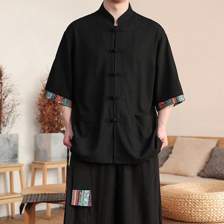 Ensemble 2 pièces en patchwork de Buddha Stones , chemise chinoise à boutons et pantalon large, tissu de méditation pour homme avec poches - image 17