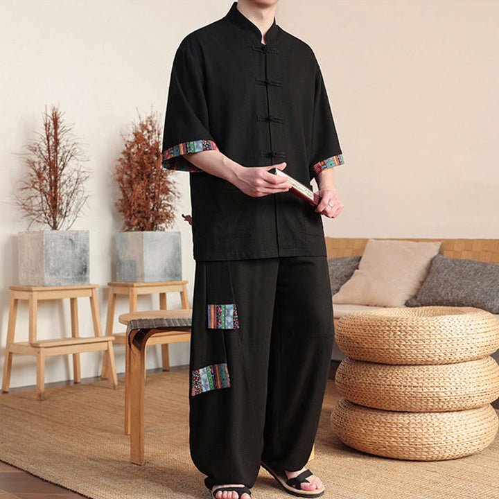Ensemble 2 pièces en patchwork de Buddha Stones , chemise chinoise à boutons et pantalon large, tissu de méditation pour homme avec poches - image 13
