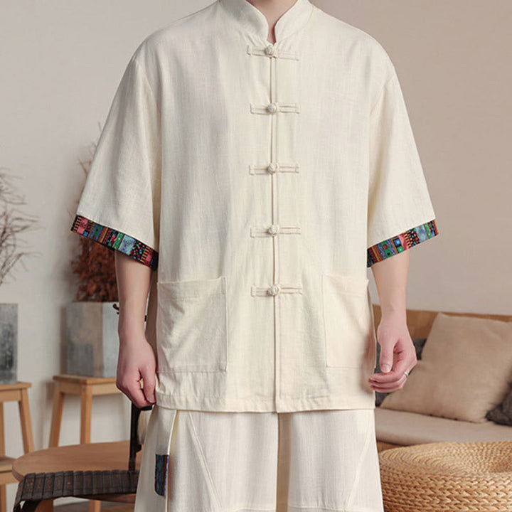Ensemble 2 pièces en patchwork de Buddha Stones , chemise chinoise à boutons et pantalon large, tissu de méditation pour homme avec poches - image 7