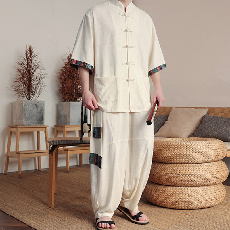 Ensemble 2 pièces en patchwork de Buddha Stones , chemise chinoise à boutons et pantalon large, tissu de méditation pour homme avec poches - image 4