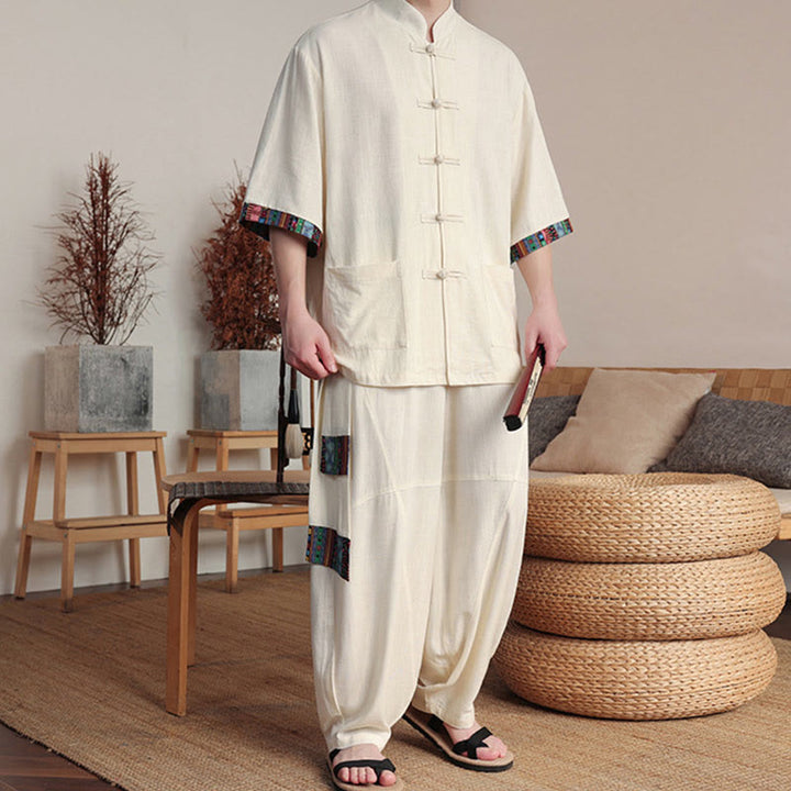 Ensemble 2 pièces en patchwork de Buddha Stones , chemise chinoise à boutons et pantalon large, tissu de méditation pour homme avec poches - image 4
