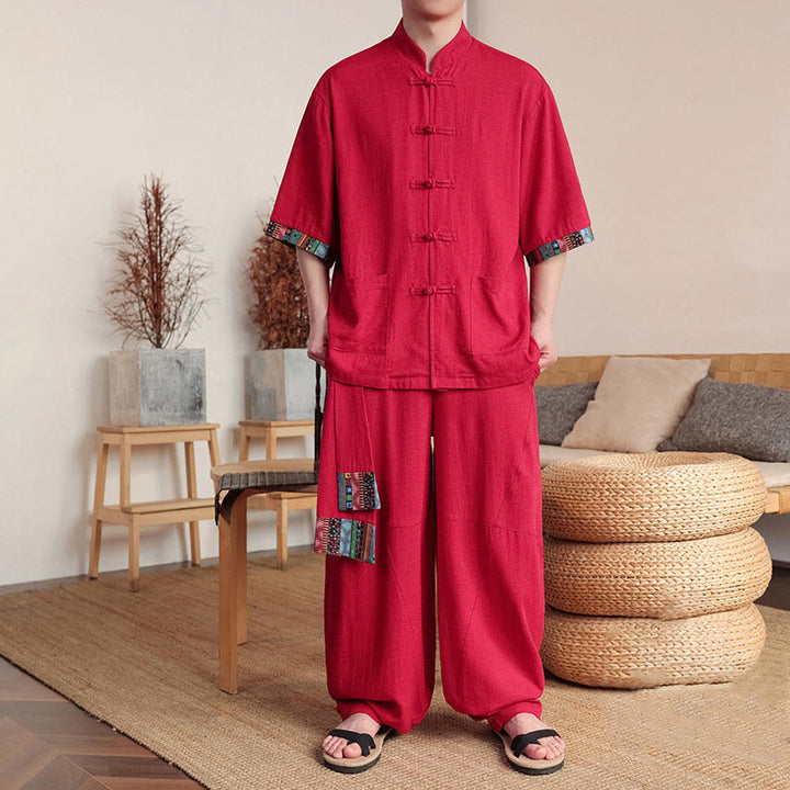Ensemble 2 pièces en patchwork de Buddha Stones , chemise chinoise à boutons et pantalon large, tissu de méditation pour homme avec poches - Cramoisi - US/UK/AU46，EU56 (5XL) - image 19