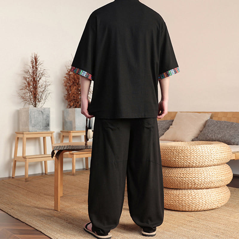 Ensemble 2 pièces en patchwork de Buddha Stones , chemise chinoise à boutons et pantalon large, tissu de méditation pour homme avec poches - image 12