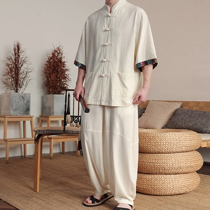 Ensemble 2 pièces en patchwork de Buddha Stones , chemise chinoise à boutons et pantalon large, tissu de méditation pour homme avec poches - image 1
