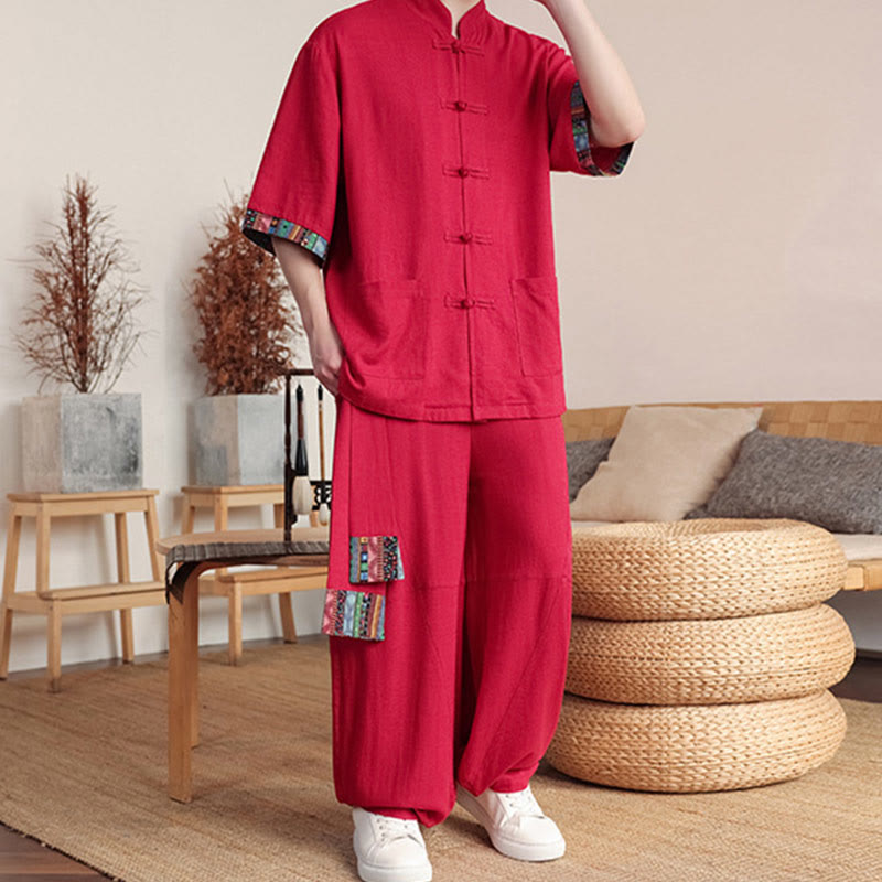 Ensemble 2 pièces en patchwork de Buddha Stones , chemise chinoise à boutons et pantalon large, tissu de méditation pour homme avec poches - image 25